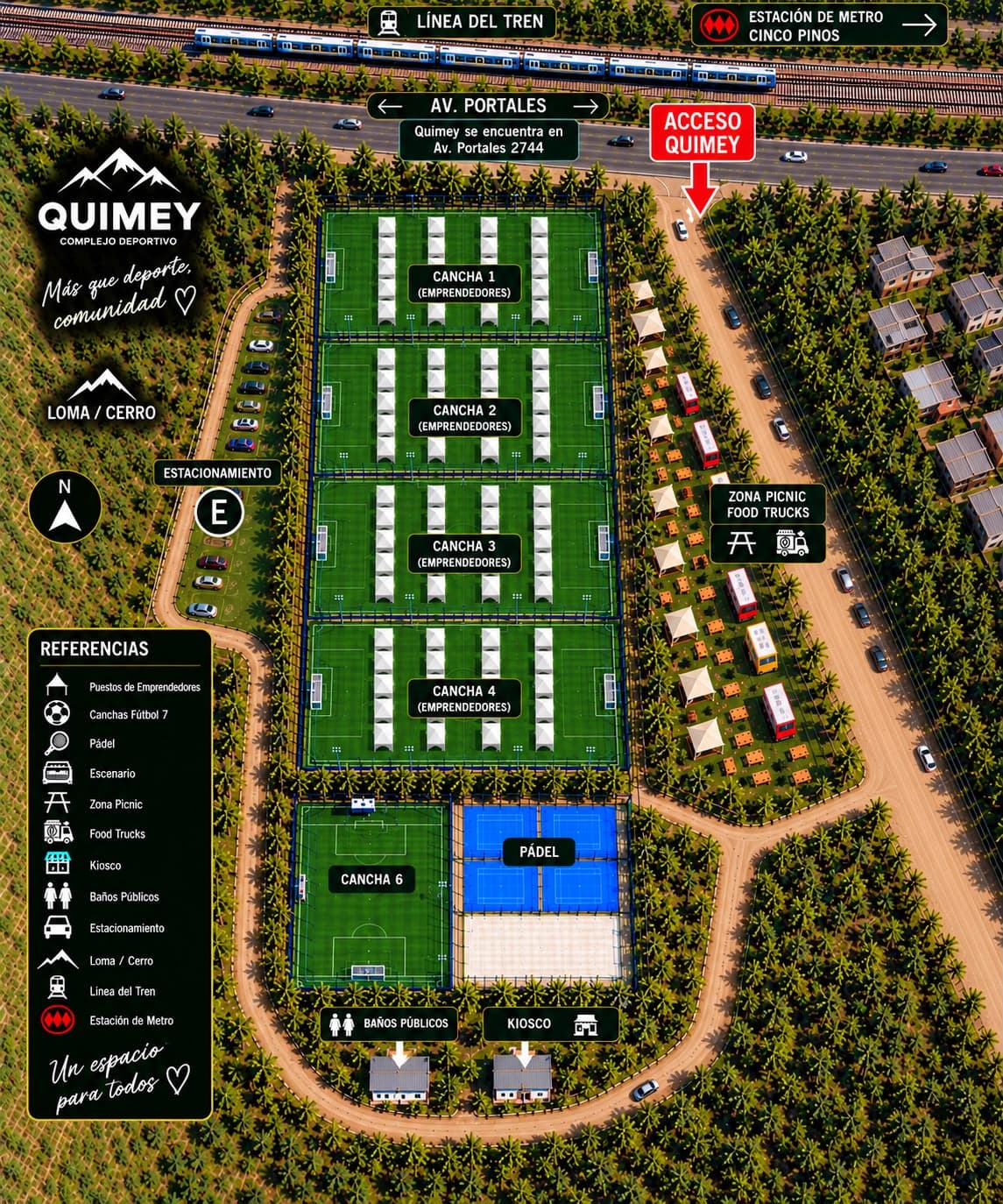 Plano del complejo Quimey: cuatro canchas para emprendedores, zona picnic y food trucks, pádel, cancha 6, baños, kiosko y estacionamiento