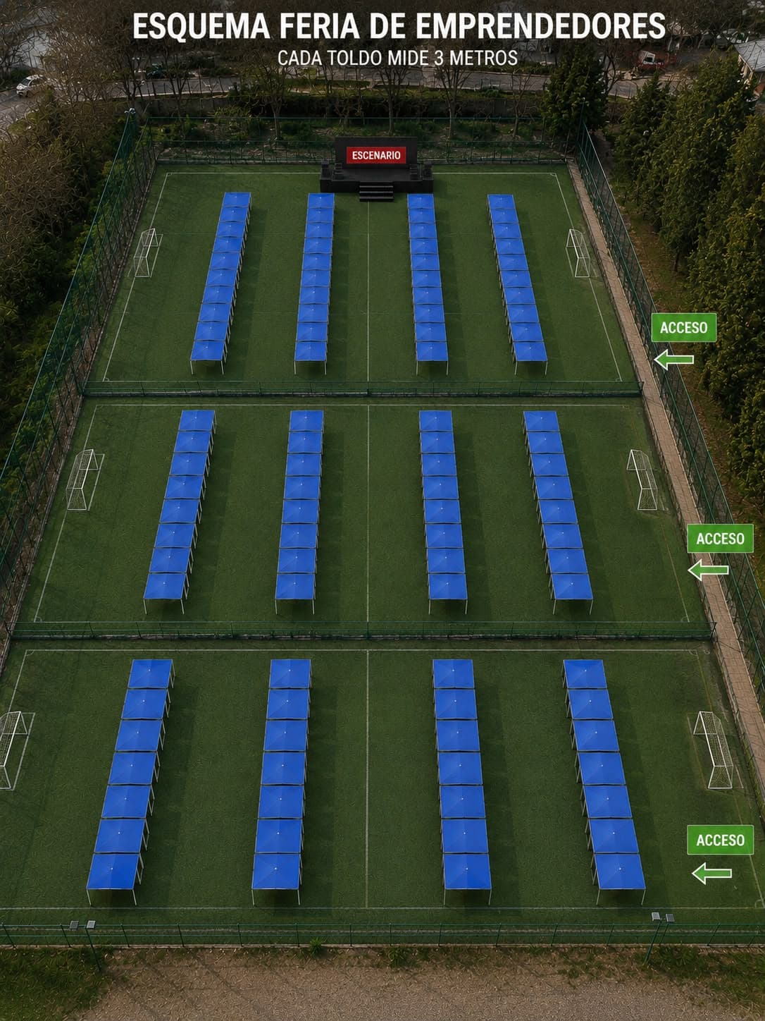 Esquema de la feria: tres canchas con filas de toldos de 3 metros, escenario y accesos